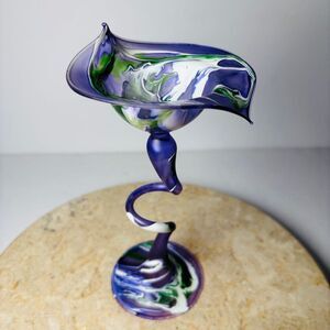 Stunning Penco Flame Glow Hand Blown‎ Glass Long Stem Candle Holder Purple Green